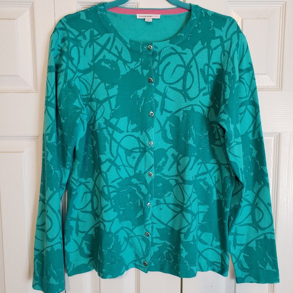 Like New Isaac Mizrahi Teal Floral Cardigan, Sz L